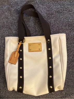 Louis Vuitton Cream Canvas Tote with Dark Brown Straps and Gold Hardware